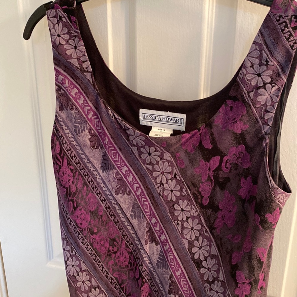 Purple and black long dress.